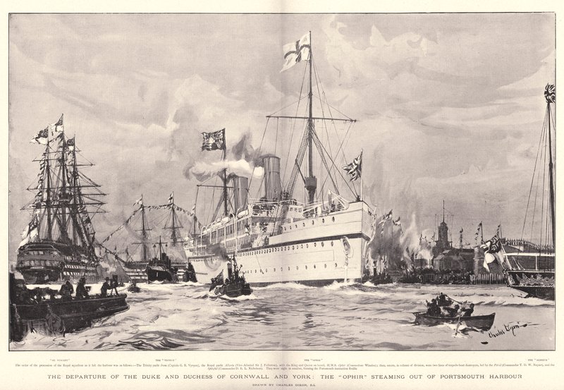 The Departure of the Duke and Duchess of Cornwall and York, the Ophir Steaming Out of Portsmouth Harbour by Charles Edward Dixon