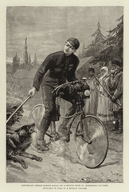 Lieutenant George Martos Riding on a Bicycle from St Petersburg to Paris Attacked by Dogs in a Russian Village by Charles J. Staniland