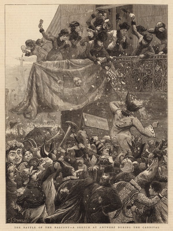 The Battle of the Balcony, a Sketch at Antwerp during the Carnival by Charles J. Staniland