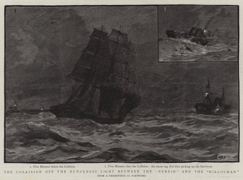 The Collision off the Dungeness Light between the Nereid and the Killochan by Charles J. Staniland