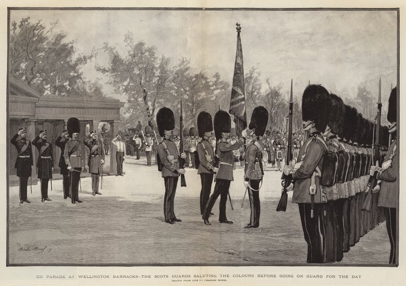 On Parade at Wellington Barracks, the Scots Guards Saluting the Colours Before Going on Guard for the Day by Charles Morel