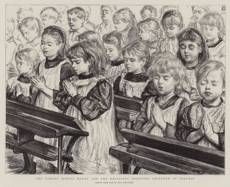 The Coming School Board and the Religious Question, Children at Prayers by Charles Paul Renouard