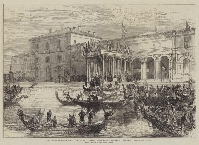 The Emperor of Austria and the King of Italy at Venice, Their Majesties embarking at the Railway Station for the City by Sir John Charles Robinson