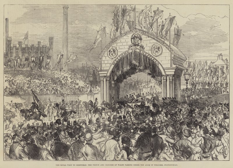 The Royal Visit to Sheffield, Prince and Princess of Wales Passing Under the Arch of Welcome, Station-Road by Sir John Charles Robinson