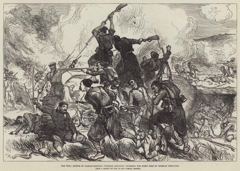 The War, Battle of Karahassankoi, Turkish Infantry Storming the First Line of Russian Trenches by Sir John Charles Robinson