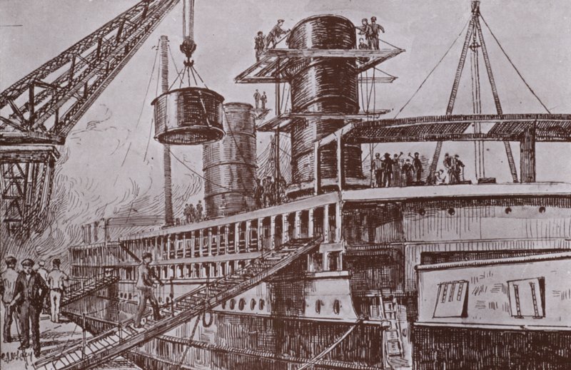 Erecting the funnels by Charles John de (after) Lacy