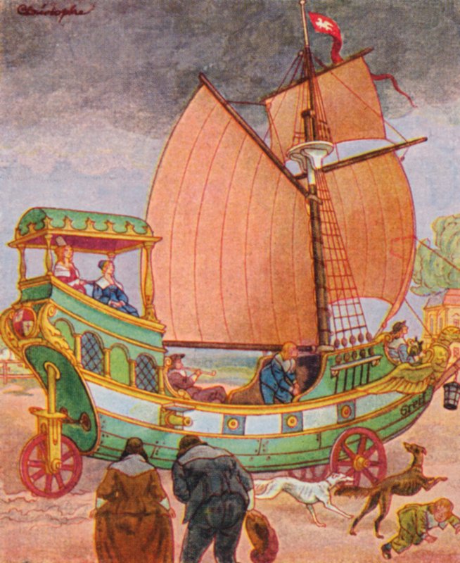 Sailing Car (colour litho) by Christophe (1856 1945)