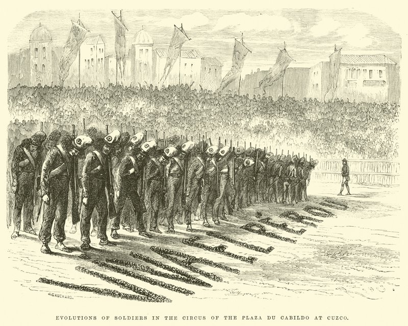 Evolutions of soldiers in the circus of the Plaza du Cabildo at Cuzco by Edouard Riou