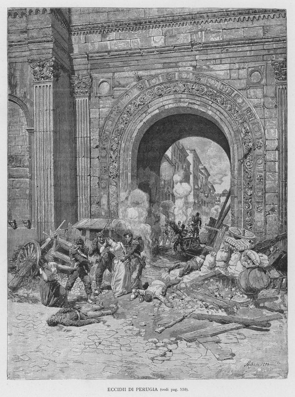 Massacres of Perugia (engraving) by Edouardo Matania
