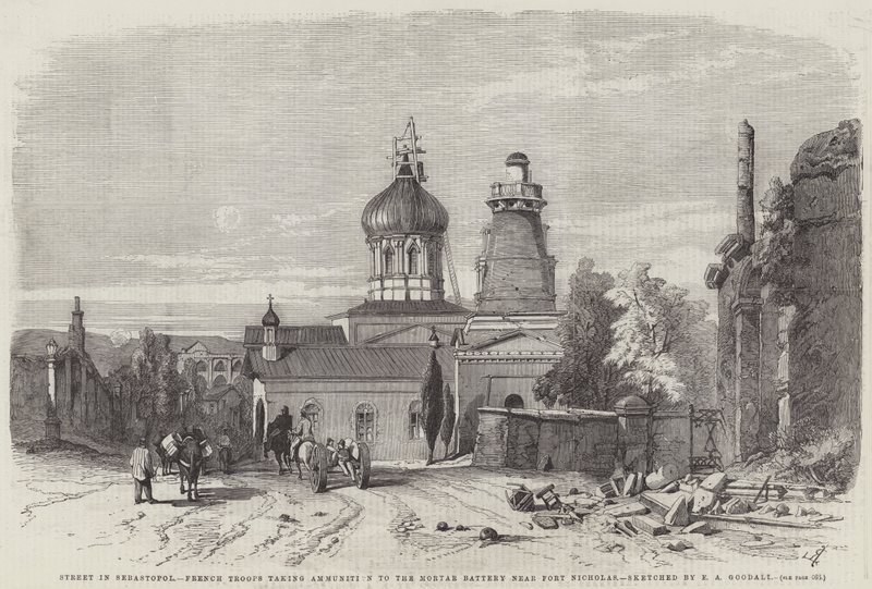 Street in Sebastopol, French Troops Taking Ammunition to the Mortar Battery near Fort Nicholas by Edward Angelo Goodall