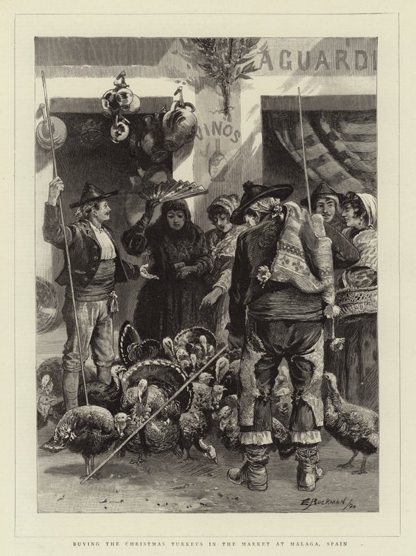 Buying the Christmas Turkeys in the Market at Malaga, Spain by Edwin Buckman