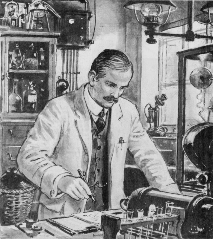 Ernest Rutherford, at work in his laboratory at Cambridge by English School
