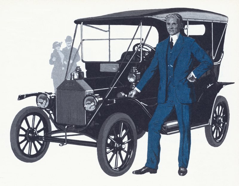 Henry Ford with the famous Model T that made the Ford name and fortune by English School