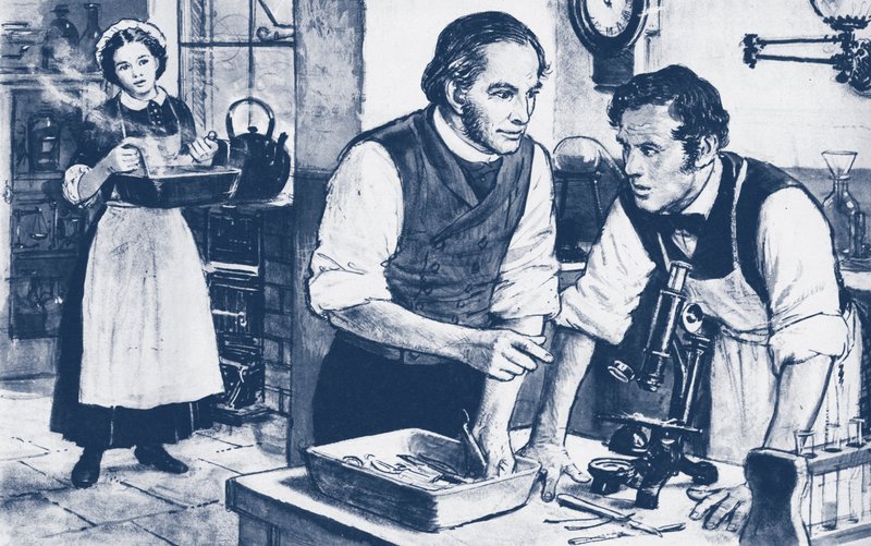Joseph Lister showing microbes on unwashed surgical instruments by English School