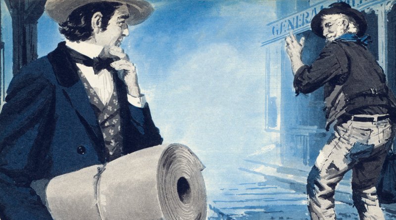 Levi Strauss, carrying his roll of canvas, arriving in San Francisco by English School