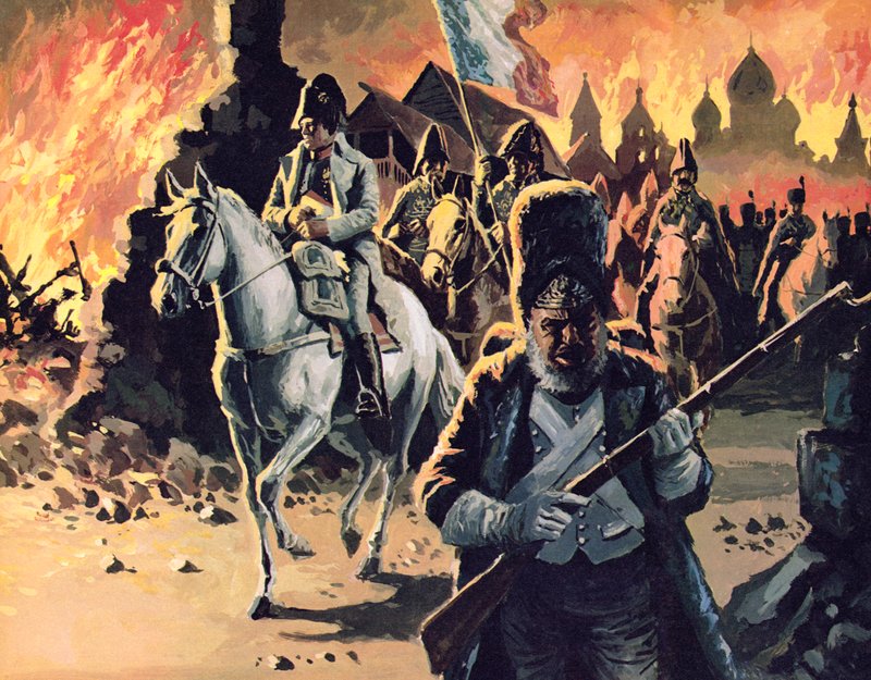 Napoleon Riding Through Moscow in Flames by English School