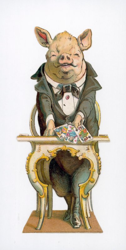 Pig Holding Playing Cards by English School