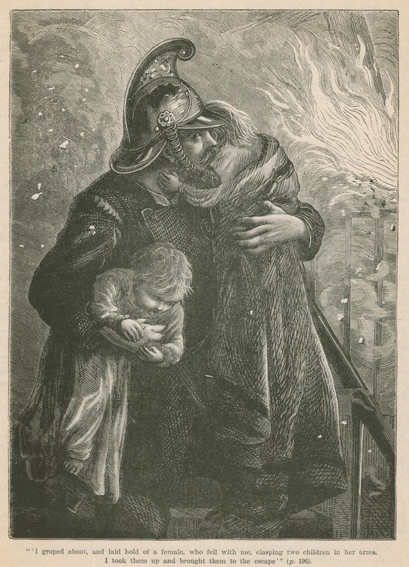 A fireman rescuing children from a blaze by English School