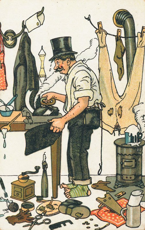 A Man Ironing His Clothes by English School