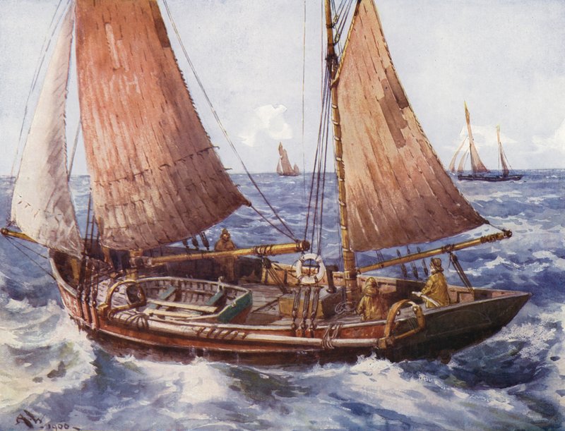 A trawler at sea by English School