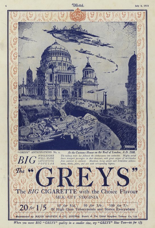 Advertisement for Greys cigarettes by English School