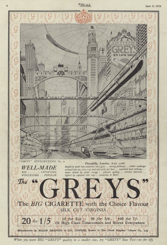 Advertisement for Greys cigarettes by English School