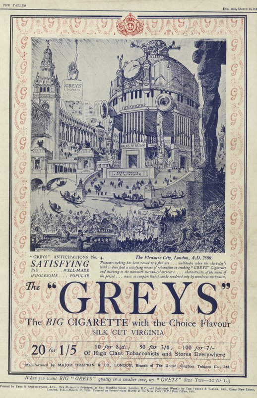 Advertisement for Greys cigarettes by English School