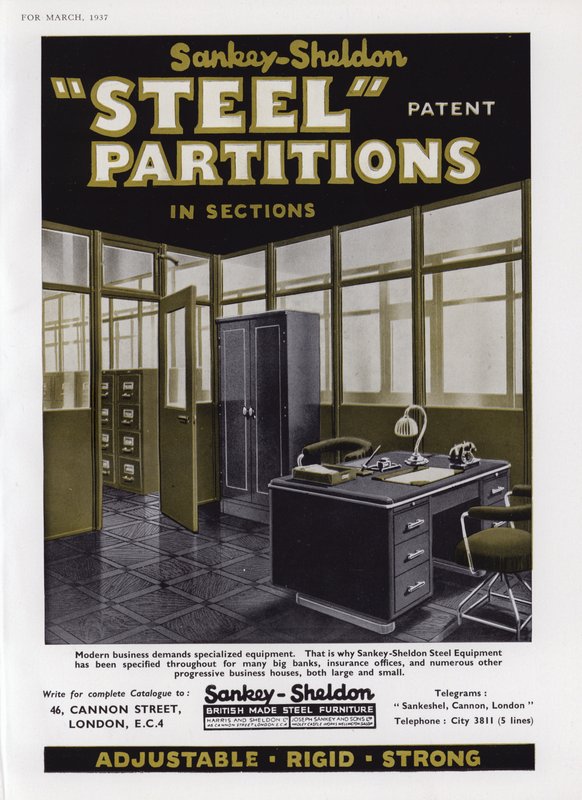Advertisement for Sankey-Sheldon Steel Partitions, 1937 by English School