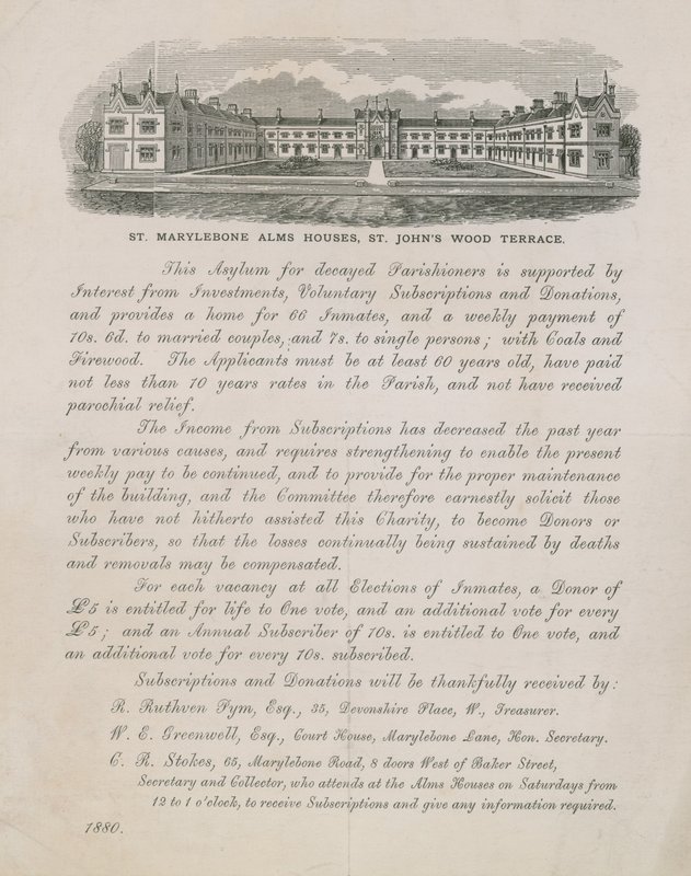Advertisement for St Marylebone Alms Houses by English School