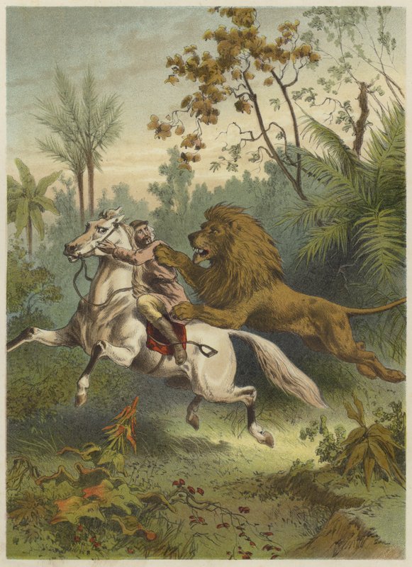African Traveller Attacked by a Lion by English School