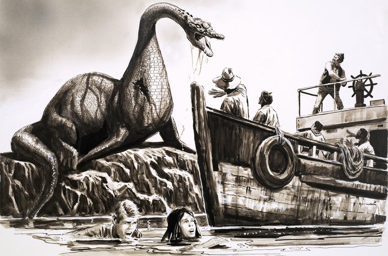 Attack by pre-historic reptile by English School