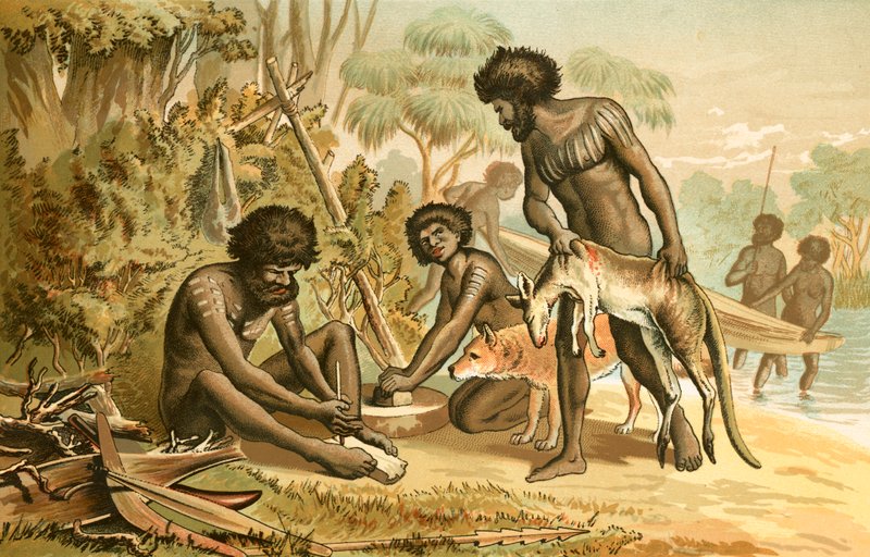 Australian Aborigines preparing a meal by English School