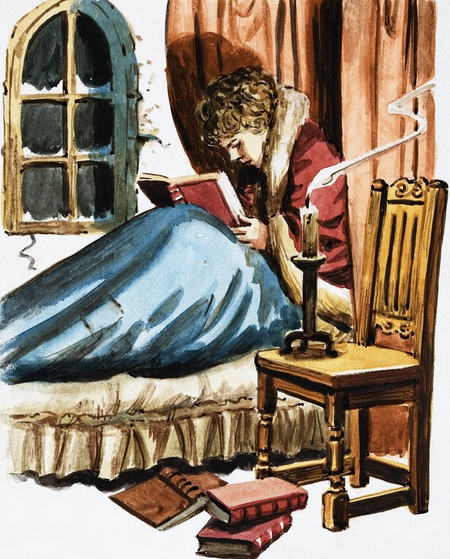 Boy reading in bed by English School
