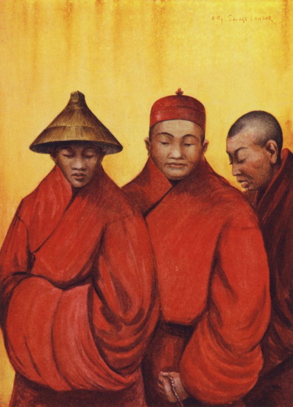 Buddhist Monks in Hats by English School