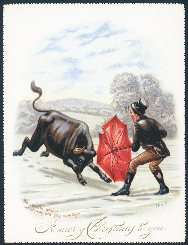 Bull Charging into Red Umbrella by English School