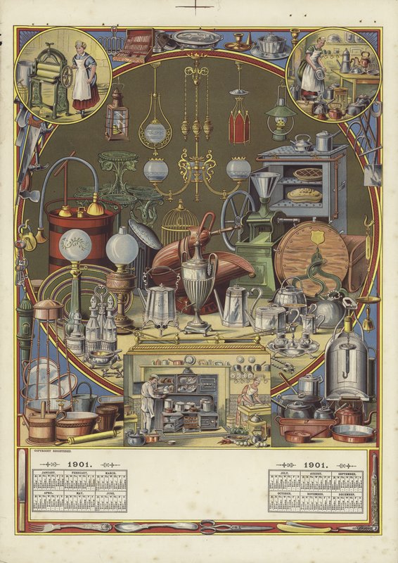 Calendar with a Variety of Kitchen Implements by English School