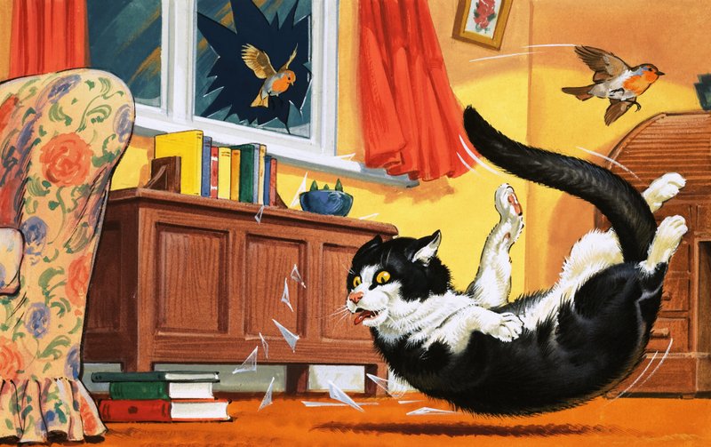 Cat falling through glass window by English School