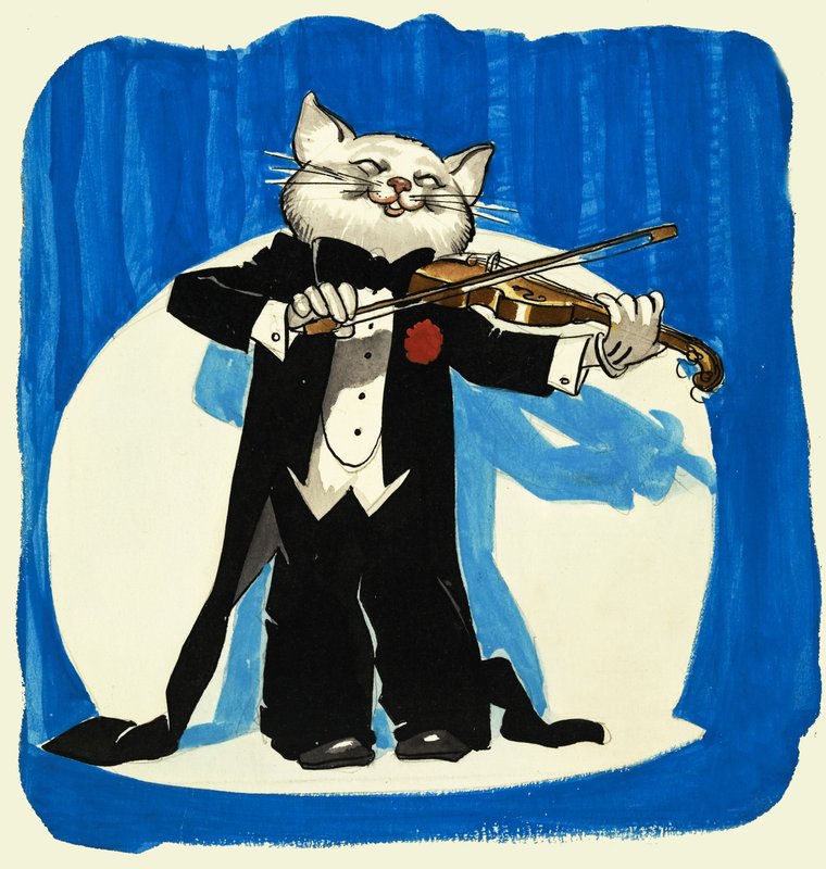 Cat in tuxedo playing a violin by English School