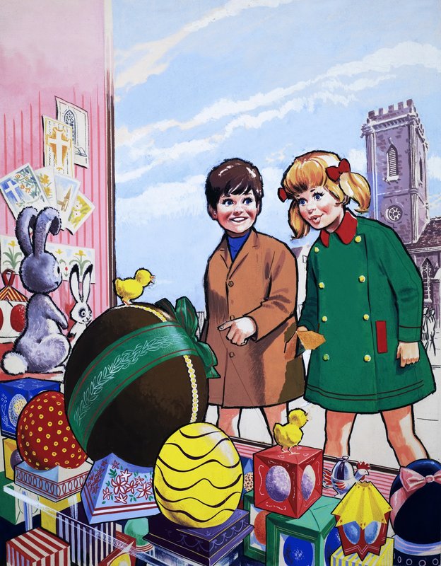 Children admiring an Easter display by English School