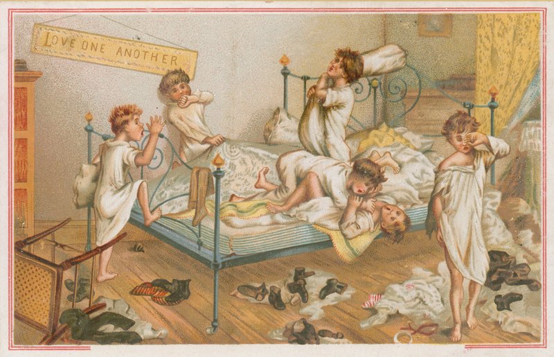 Children brawling in a dormitory by English School