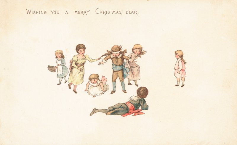 Children playing blind mans buff by English School