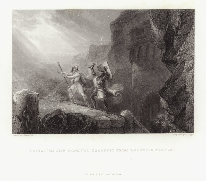 Christian and Hopeful Escaping from Doubtful Castle by English School