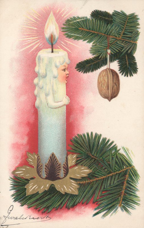 Christmas card with a Christmas tree candle by English School