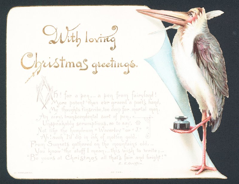 Christmas card with stork by English School