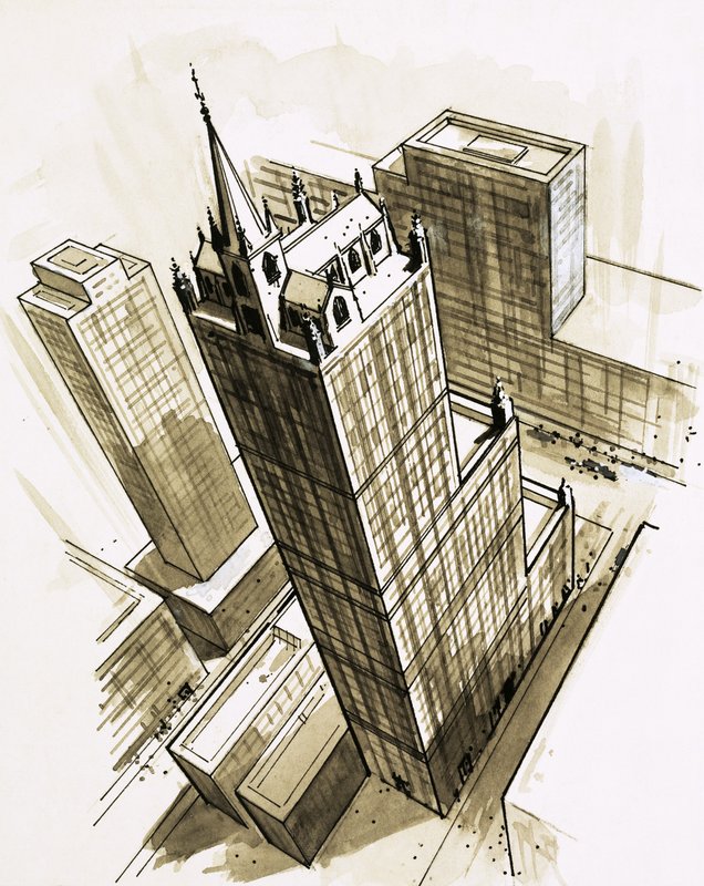 Church on Top of a Skyscraper by English School