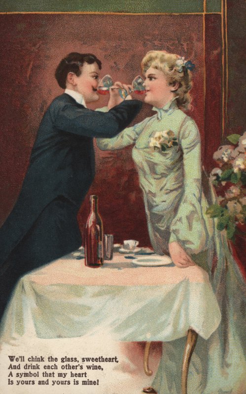 Couple clinking glasses by English School