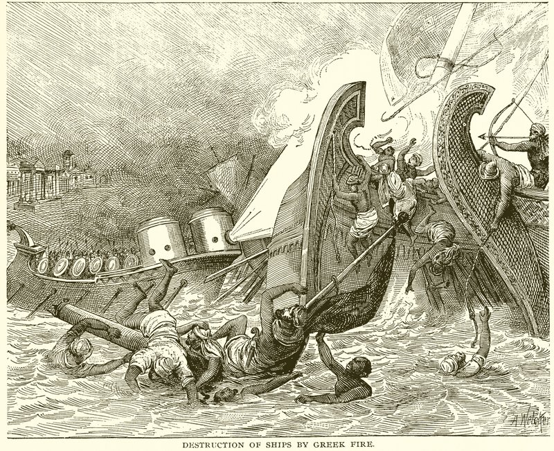 Destruction of Ships by Greek Fire by English School