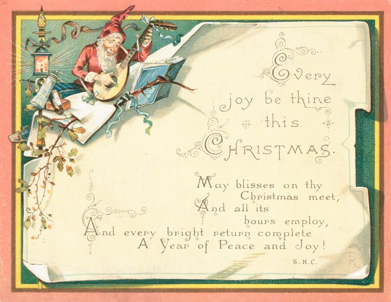 Elf Playing Mandolin, Christmas Card by English School