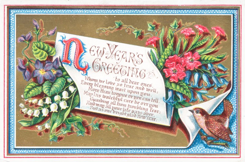 Flowers and Bird, New Year Card by English School