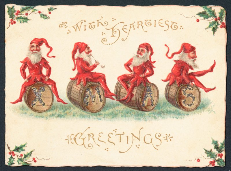 Four Pixies Sitting on Barrels by English School